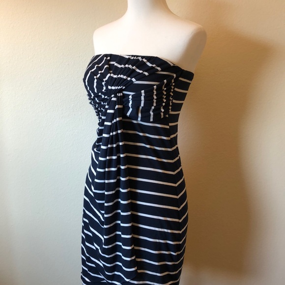 Navy Blue Striped Strapless Dress - Picture 2 of 4